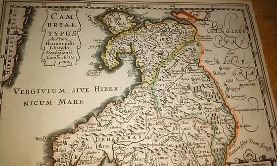 MAPA ANTIGUO: CAMBRIAE TYPUS Auctore Humeredo Lhuydo. Denbigiense cambrobritanno.