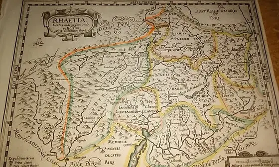 MAPA ANTIGUO: RHAETIA Karte vande grisons ende Veltolina Dirck Cornelissen Sivardt.