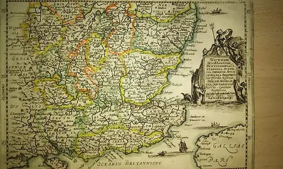 MAPA ANTIGUO: WARWICUM NORTHHAMTONIA, HUNTINGDONIA CANTABRIGIA, SUFFOLCIA, OXONIUM, BUCKINGHAMIA, BEDFORDIA, HARTFORDIA ESSEXIA, BERCERI MIDELSEXIA, SOUTHHAMTONIA, SURRIA, CANTIUM SOUTHSEXIA