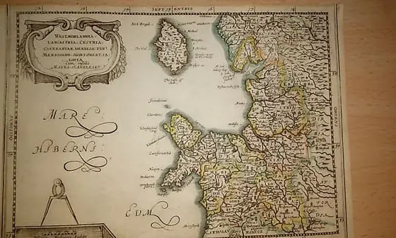 MAPA ANTIGUO: WESTMORLANDIA, LANCASTRIA, CESTRIA, CAERNARVAN, DENBIGH FLN, MERIONIDH, MONTGOMERY, SALOPIA Cum insulis MANIA ET ANGLESEY