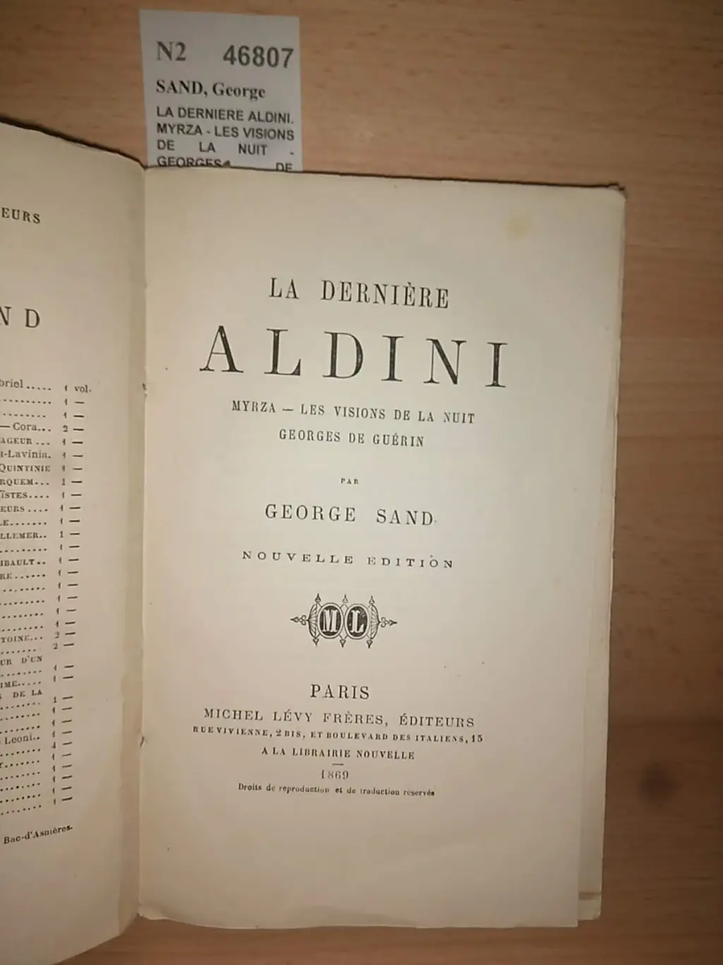 LA DERNIERE ALDINI. MYRZA – LES VISIONS DE LA NUIT – GEORGES DE GUERIN par —. Nouvelle ed.